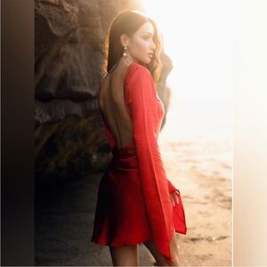 Meshki Davina Satin Long Sleeve Mini Dress in Red Size Small NWT Galentines Day